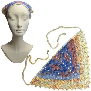 Colorful Crochet Triangle Bandanna Head Scarf Handcrafted Handmade Cotton Boho